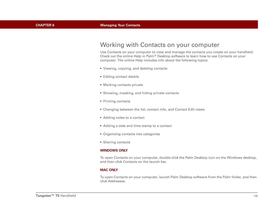 Palm Tungsten T5 manual Working with Contacts on your computer 