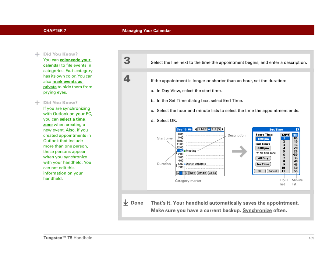 Palm Tungsten T5 manual You can color-code your, Also mark events as, You can select a time 