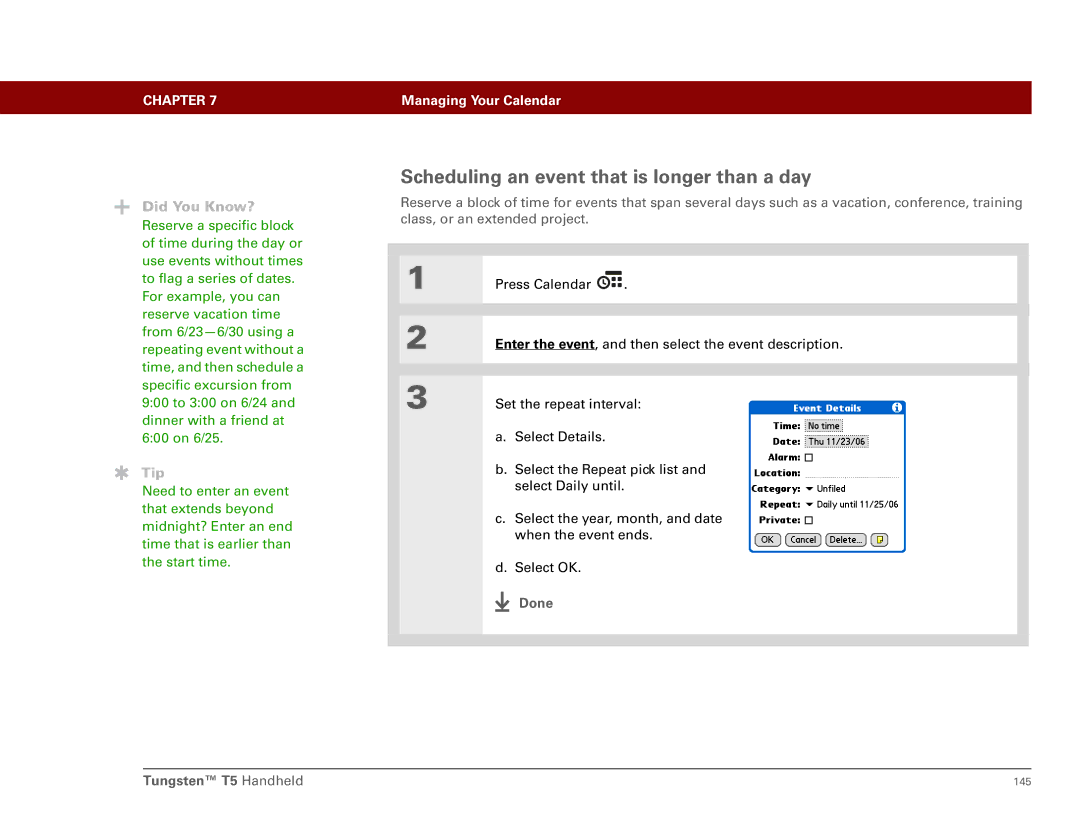 Palm Tungsten T5 manual Scheduling an event that is longer than a day 