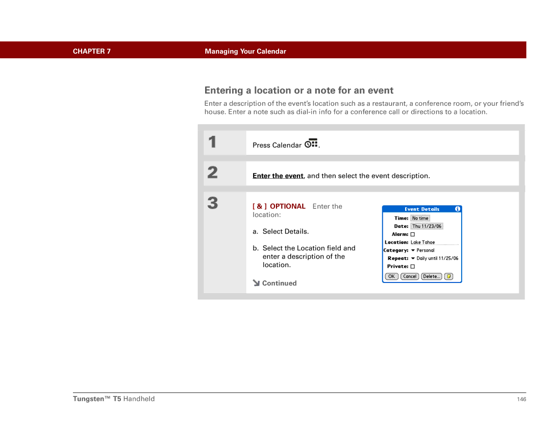 Palm Tungsten T5 manual Entering a location or a note for an event, Optional Enter the location 