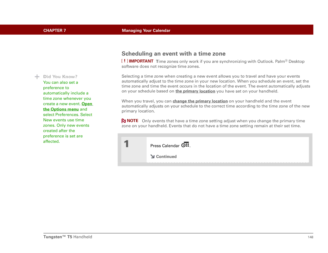 Palm Tungsten T5 manual Scheduling an event with a time zone 