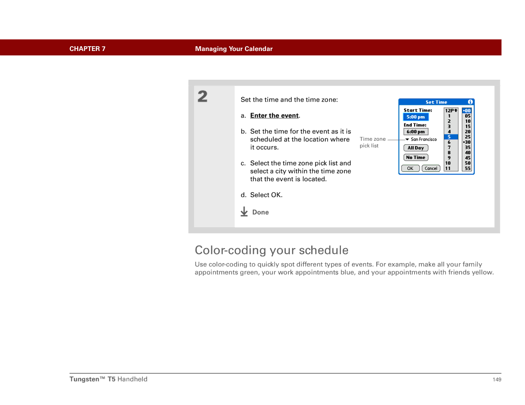 Palm Tungsten T5 manual Color-coding your schedule, Enter the event 