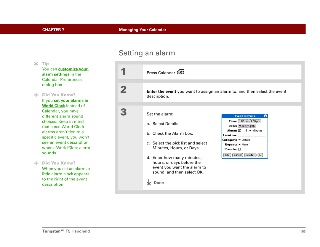 Palm Tungsten T5 manual Setting an alarm, You can customize your alarm settings, If you set your alarms 