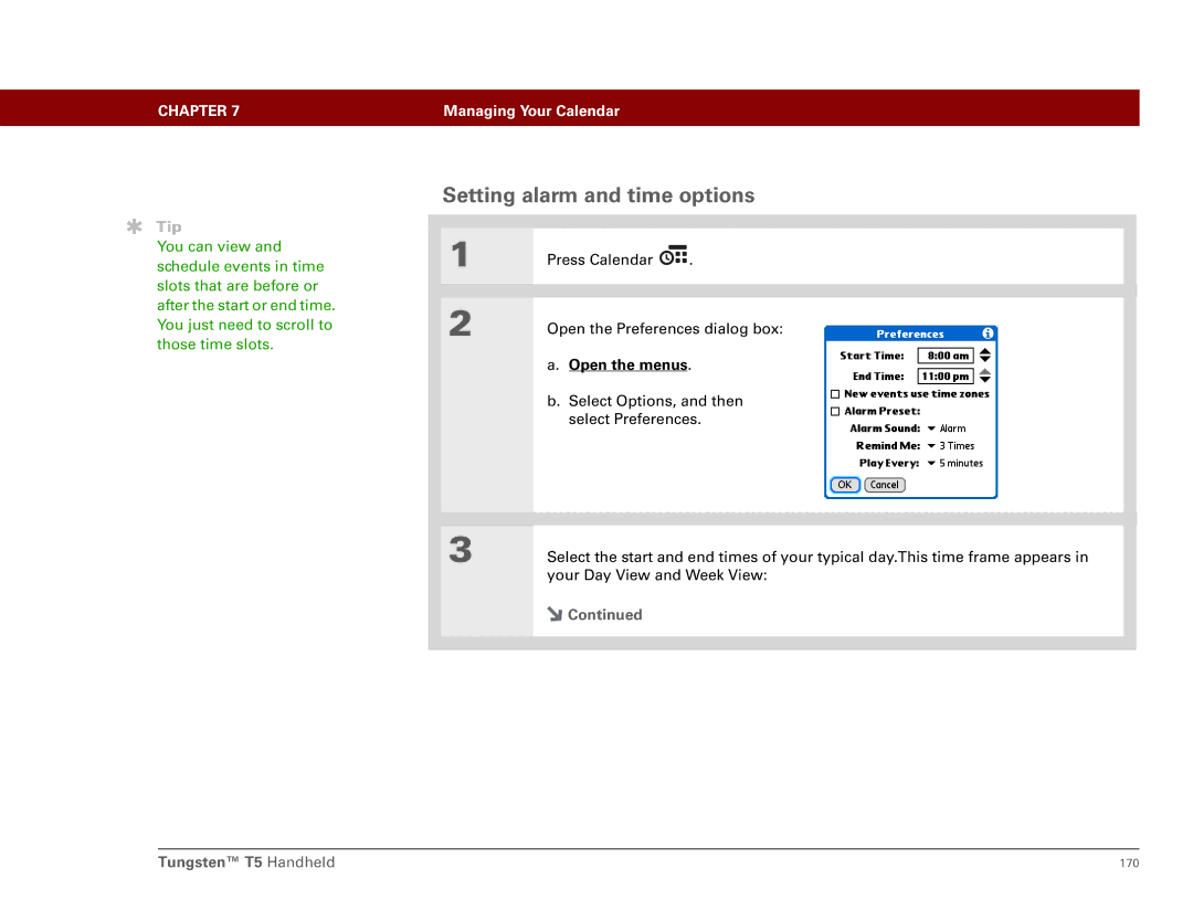 Palm Tungsten T5 manual Setting alarm and time options 