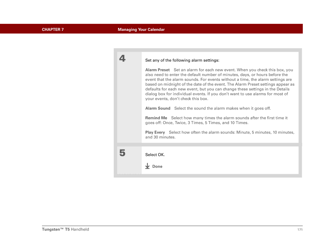 Palm Tungsten T5 manual Set any of the following alarm settings 