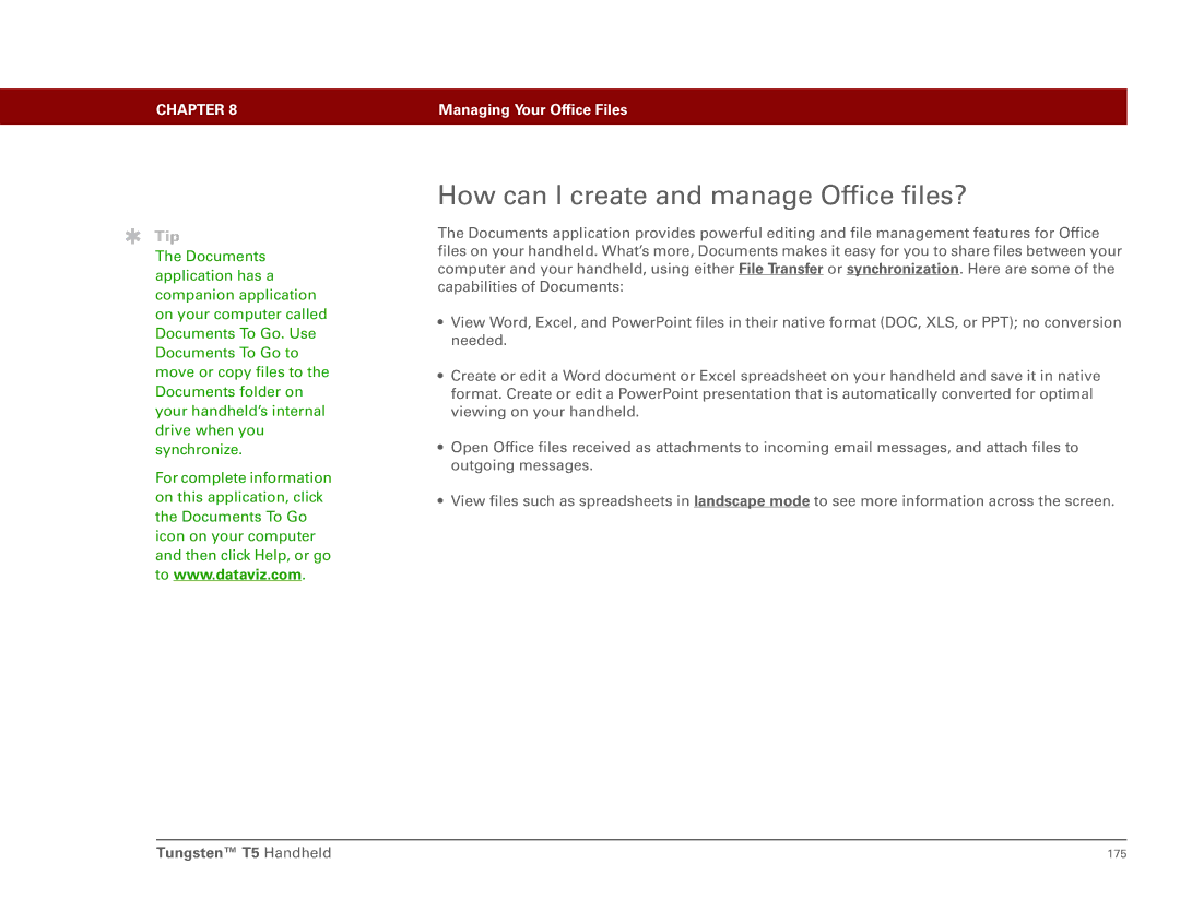 Palm Tungsten T5 manual How can I create and manage Office files? 