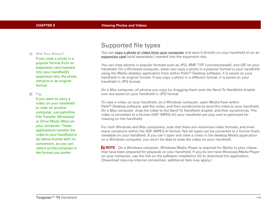 Palm Tungsten T5 manual Supported file types 