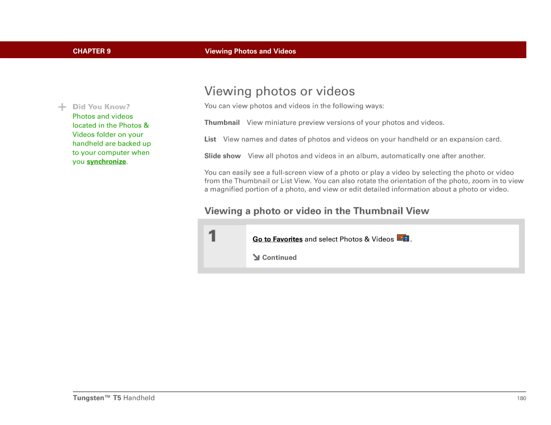 Palm Tungsten T5 manual Viewing photos or videos, Viewing a photo or video in the Thumbnail View 