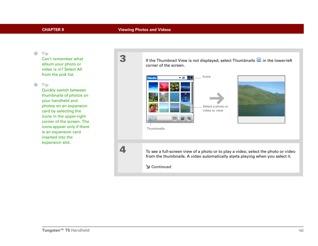 Palm Tungsten T5 manual Icons Select a photo or video to view Thumbnails 