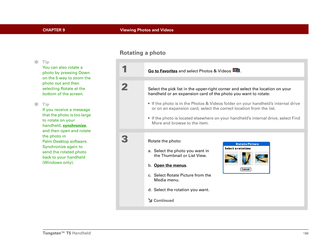 Palm Tungsten T5 manual Rotating a photo 