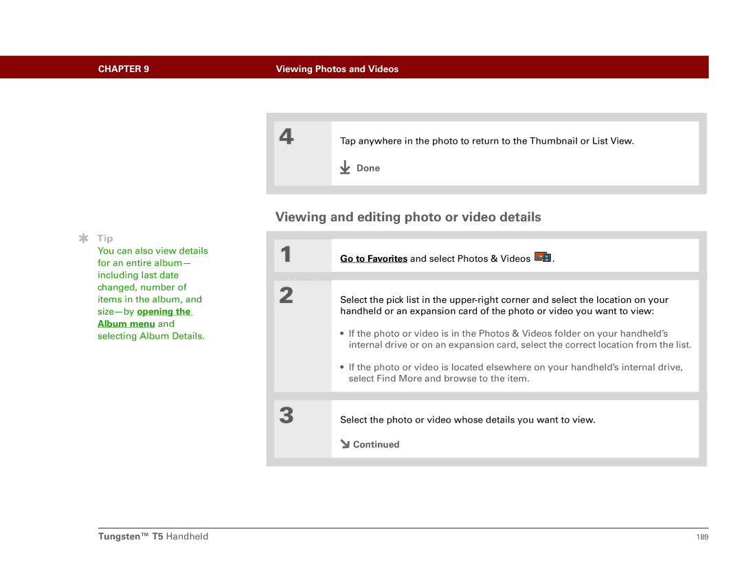 Palm Tungsten T5 manual Viewing and editing photo or video details, Album menu 