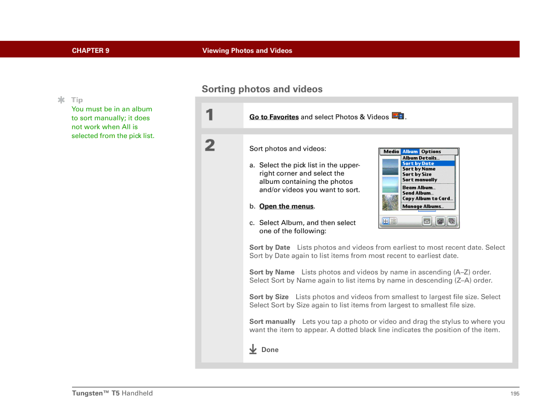 Palm Tungsten T5 manual Sorting photos and videos 