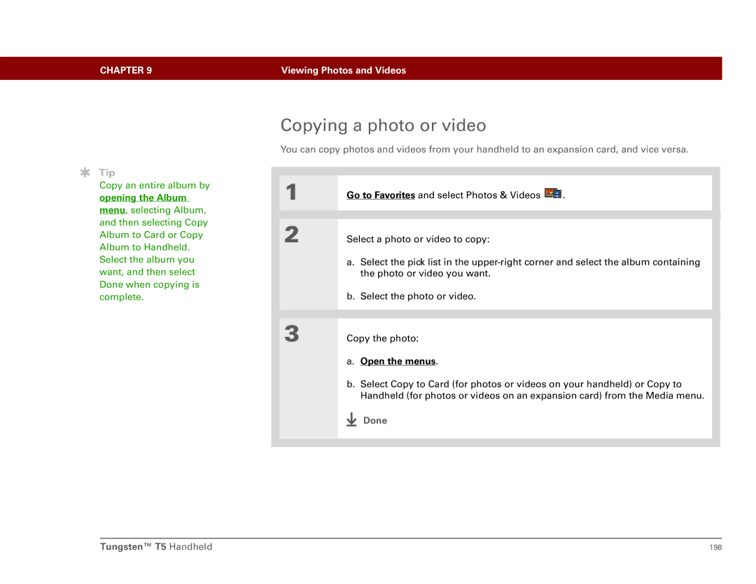 Palm Tungsten T5 manual Copying a photo or video, Opening the Album 