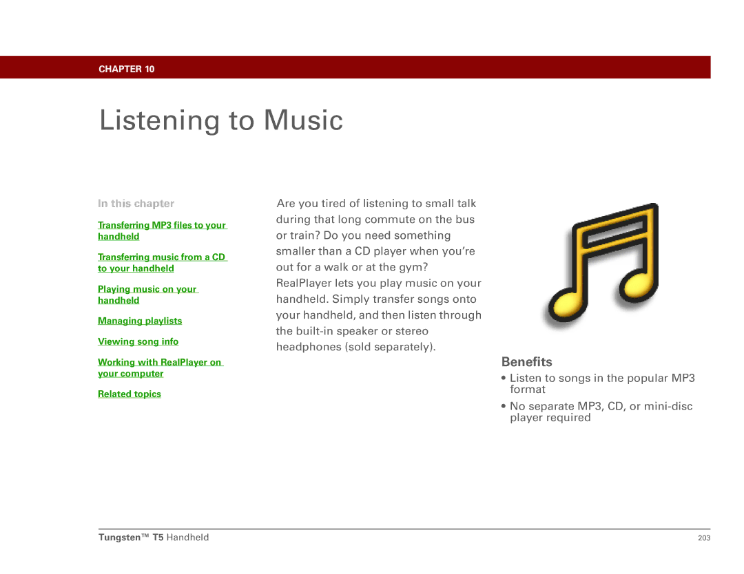 Palm Tungsten T5 manual Listening to Music, Benefits 