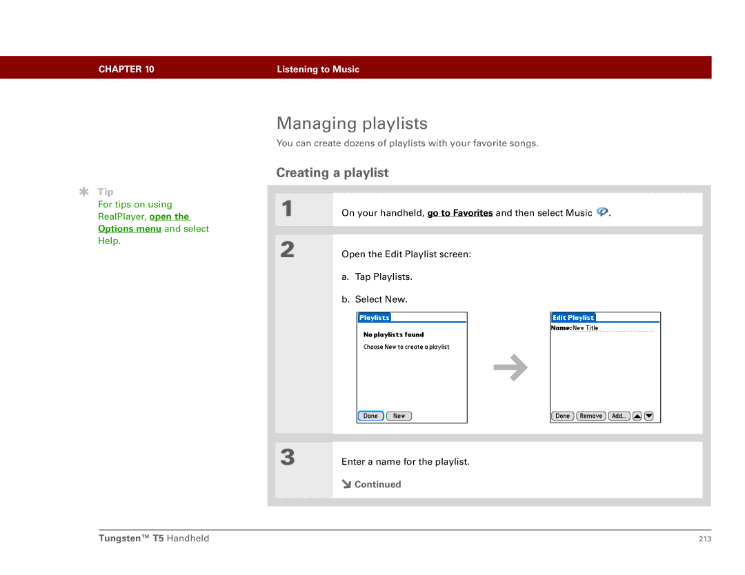 Palm Tungsten T5 manual Managing playlists, Creating a playlist 