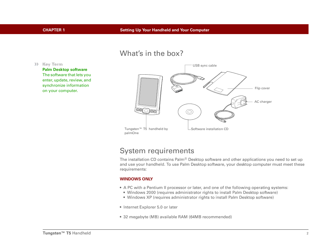 Palm Tungsten T5 manual What’s in the box?, System requirements, Palm Desktop software 