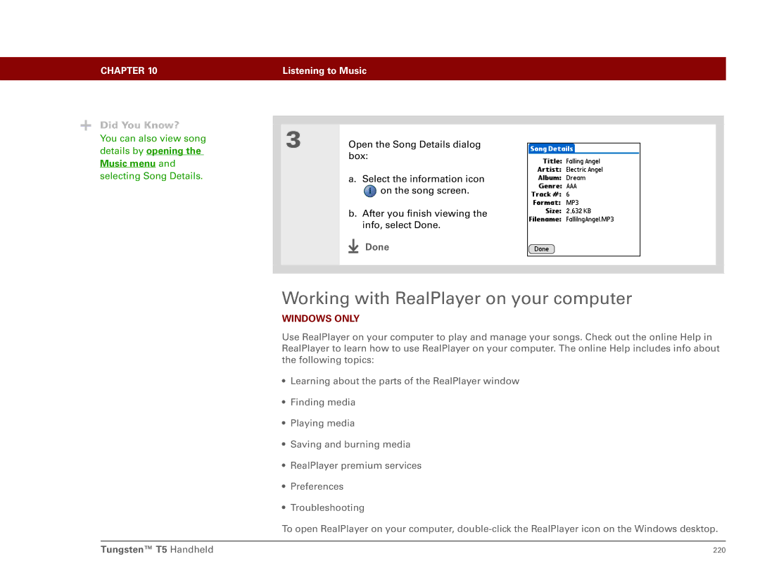 Palm Tungsten T5 manual Working with RealPlayer on your computer, Music menu 