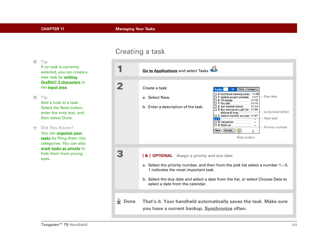 Palm Tungsten T5 Creating a task, Graffiti 2 characters in the input area, You can organize your, Mark tasks as private to 