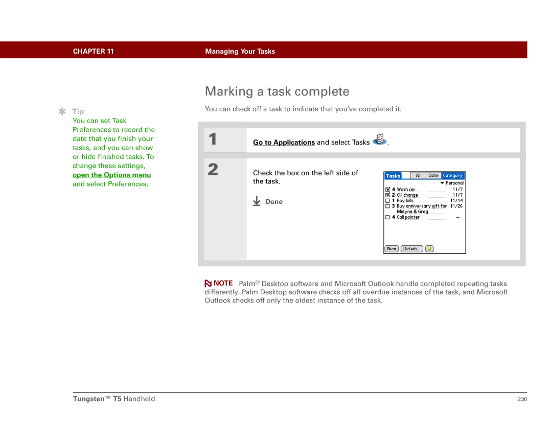 Palm Tungsten T5 manual Marking a task complete, Open the Options menu 