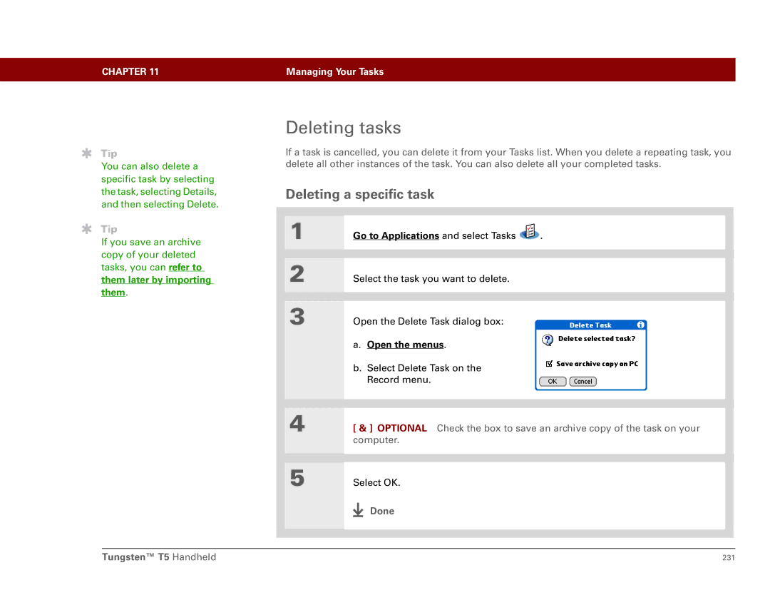 Palm Tungsten T5 manual Deleting tasks, Deleting a specific task 