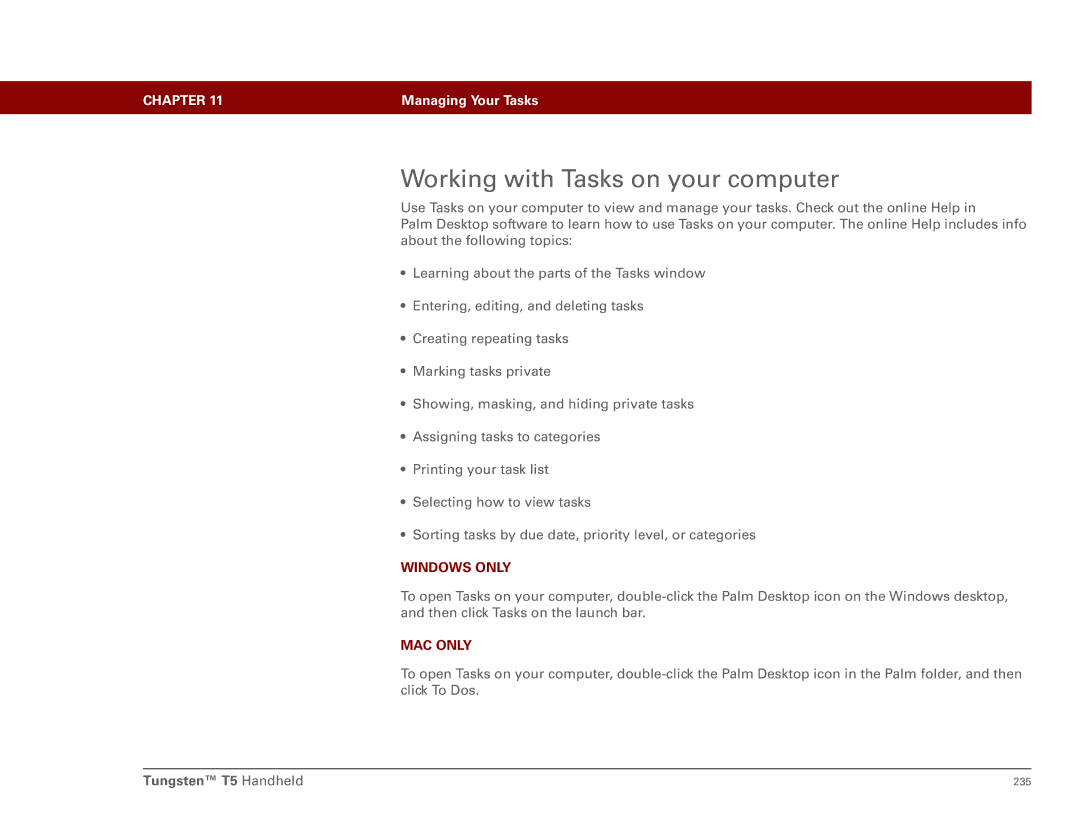 Palm Tungsten T5 manual Working with Tasks on your computer 