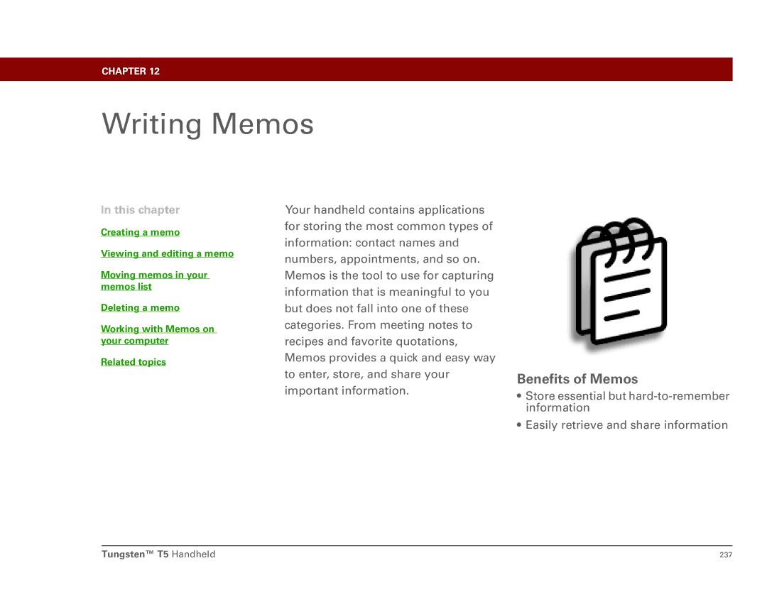 Palm Tungsten T5 manual Writing Memos, Benefits of Memos 