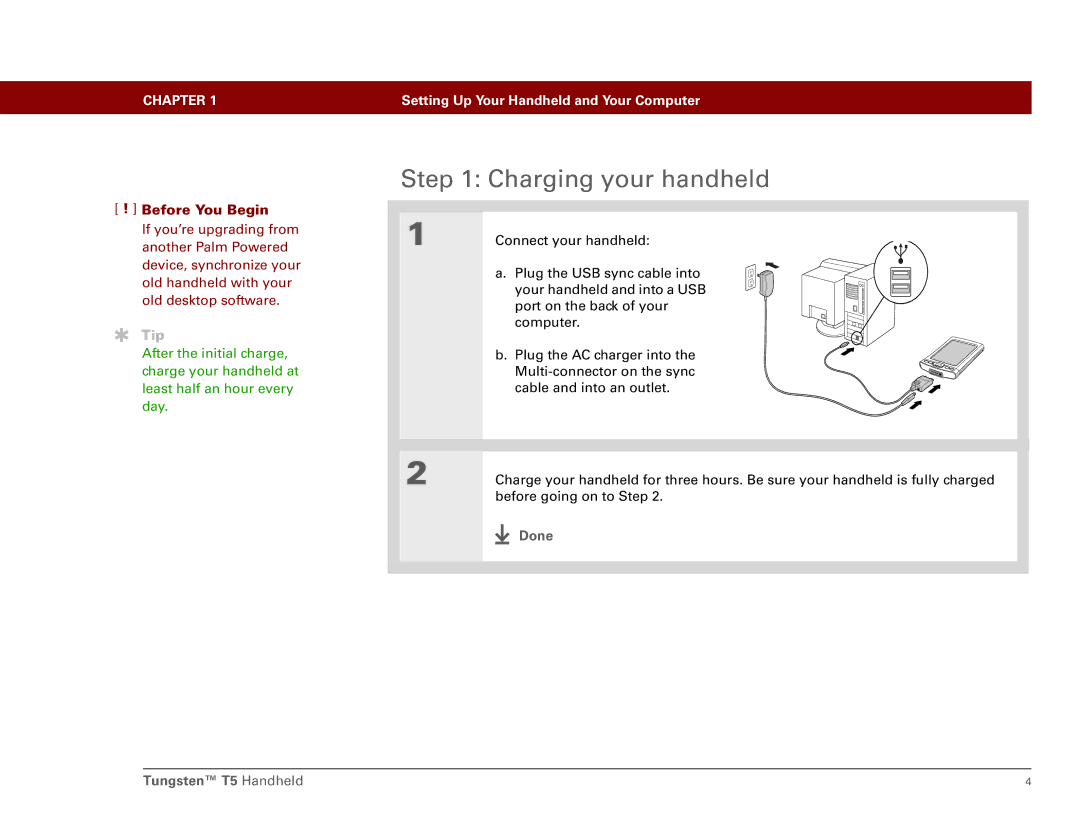 Palm manual Charging your handheld, Done Tungsten T5 Handheld 