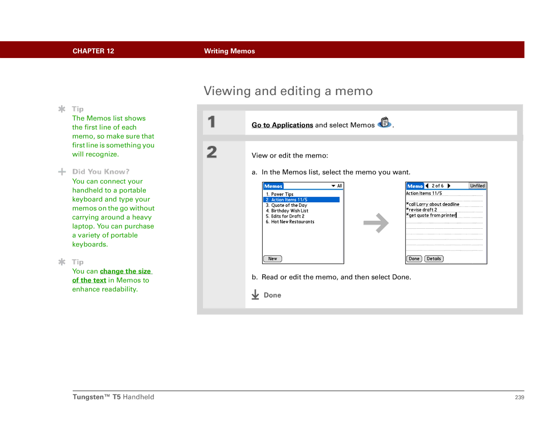 Palm Tungsten T5 manual Viewing and editing a memo, You can change the size of the text in Memos to 