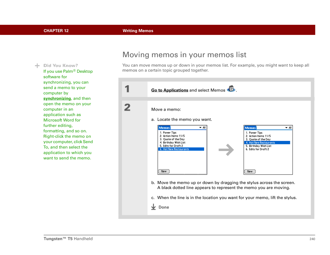 Palm Tungsten T5 manual Moving memos in your memos list 