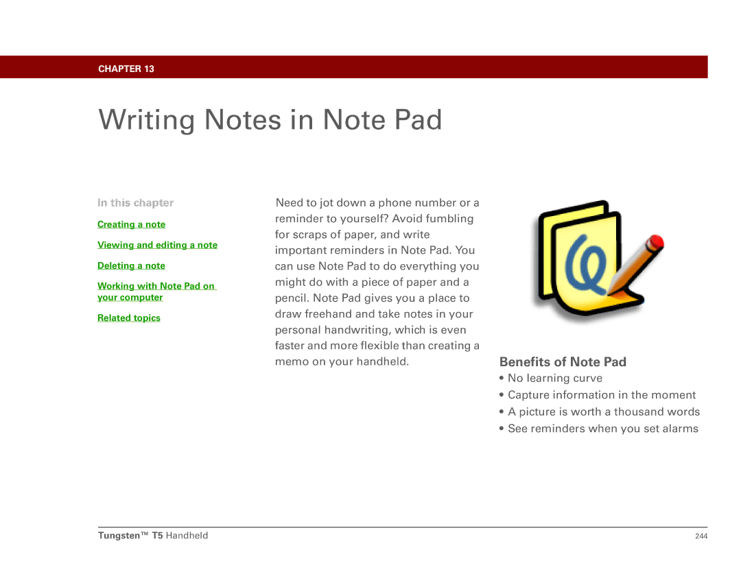 Palm Tungsten T5 manual Writing Notes in Note Pad, Benefits of Note Pad 