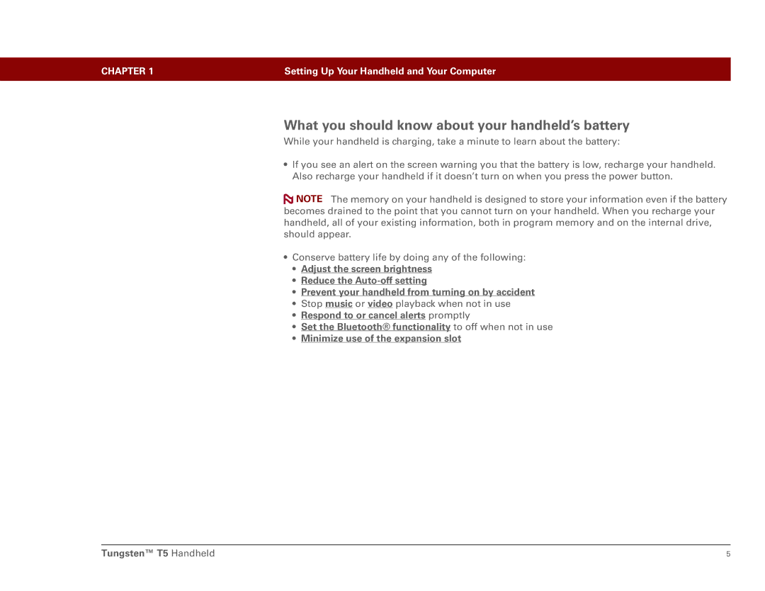 Palm Tungsten T5 manual What you should know about your handheld’s battery 