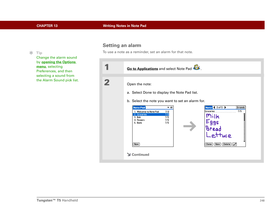 Palm Tungsten T5 manual By opening the Options, To use a note as a reminder, set an alarm for that note 