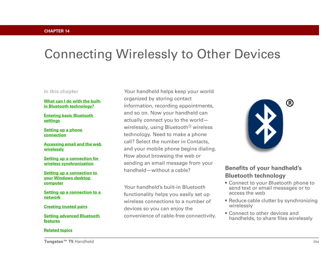 Palm Tungsten T5 manual Connecting Wirelessly to Other Devices, Benefits of your handheld’s Bluetooth technology 