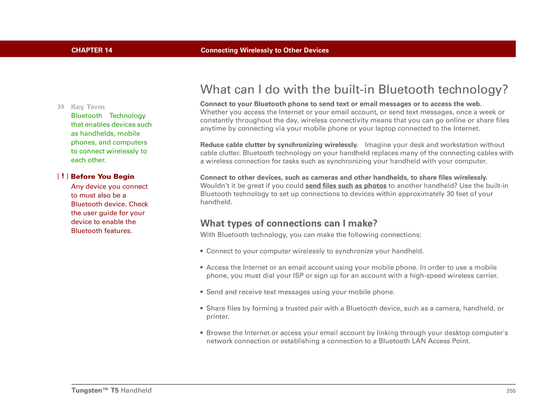 Palm Tungsten T5 manual What can I do with the built-in Bluetooth technology?, What types of connections can I make? 