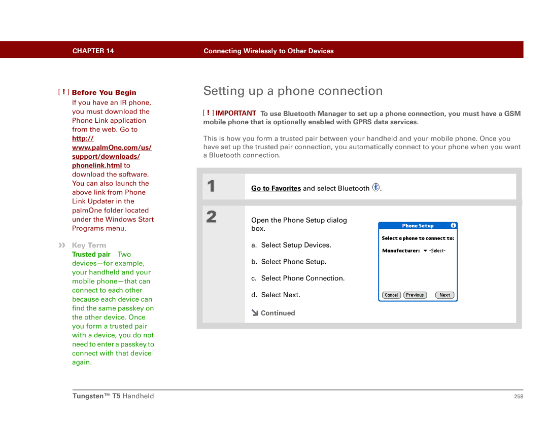 Palm Tungsten T5 manual Setting up a phone connection 