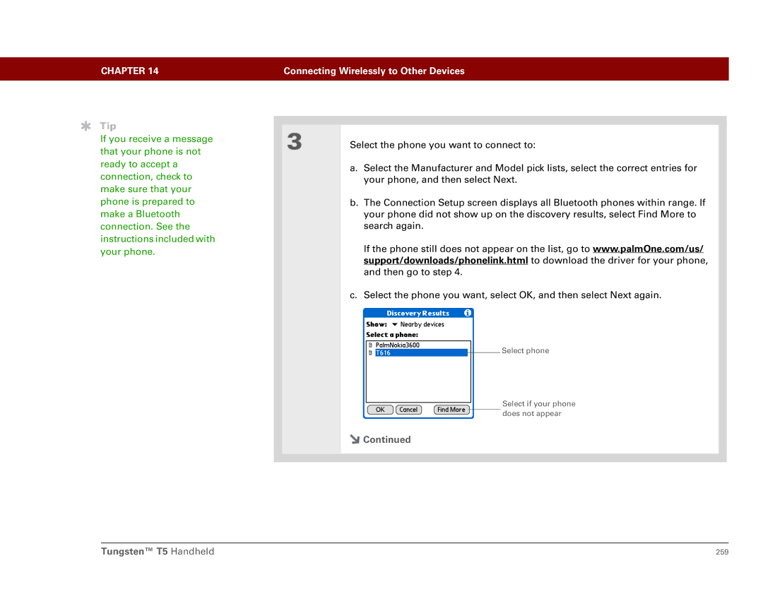 Palm Tungsten T5 manual Select phone Select if your phone does not appear 