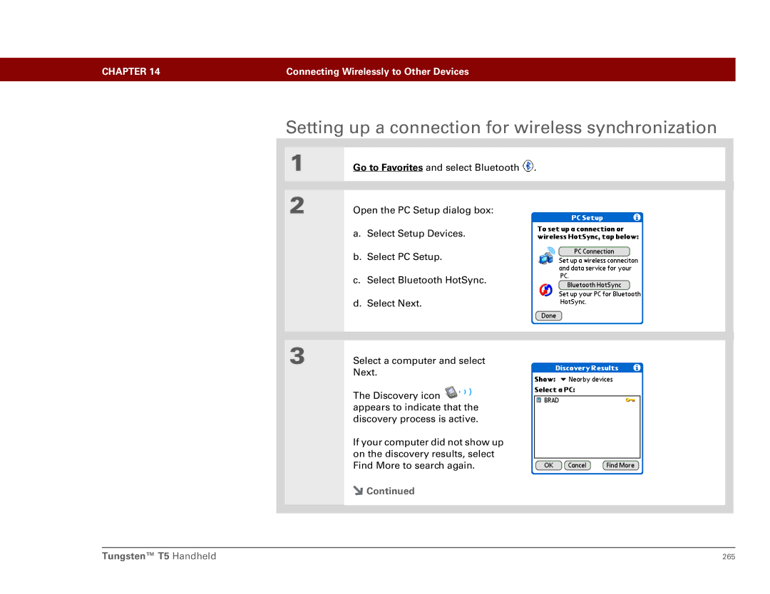 Palm Tungsten T5 manual Setting up a connection for wireless synchronization 