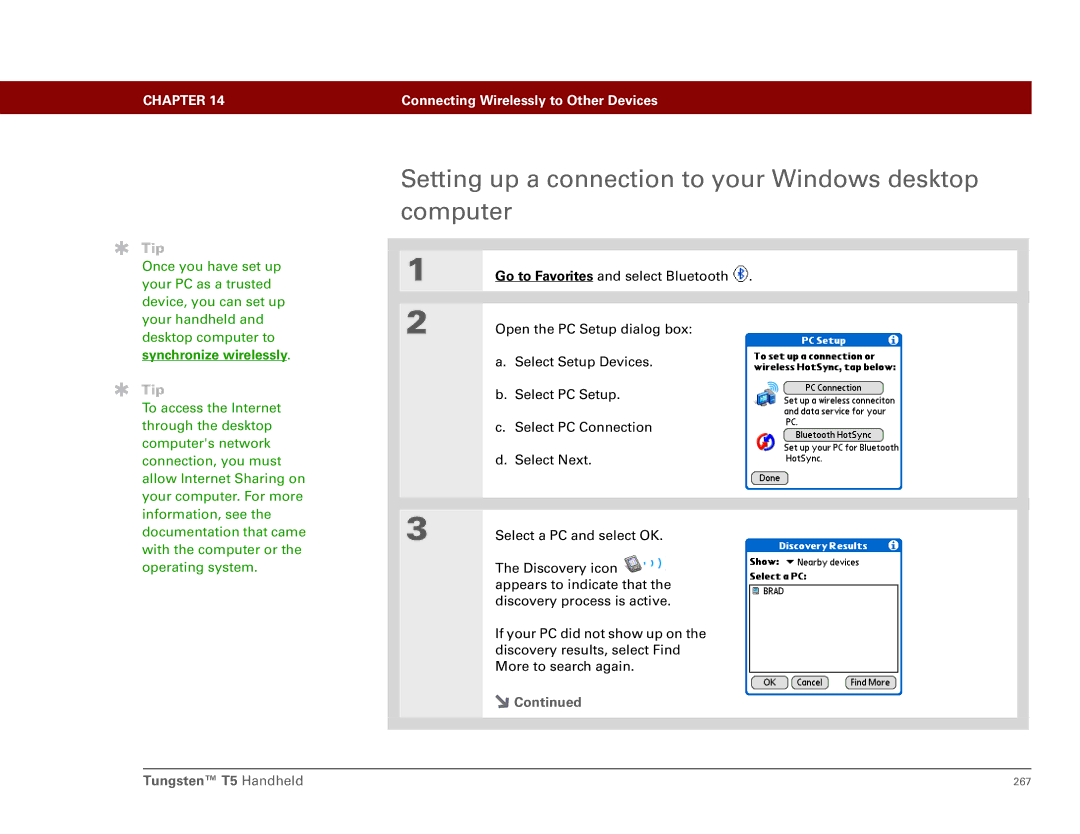 Palm Tungsten T5 manual Setting up a connection to your Windows desktop computer, Synchronize wirelessly 