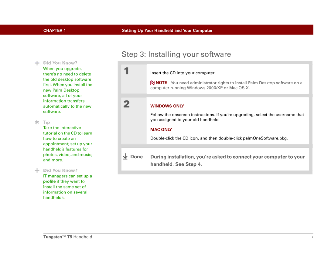 Palm Tungsten T5 manual Installing your software 