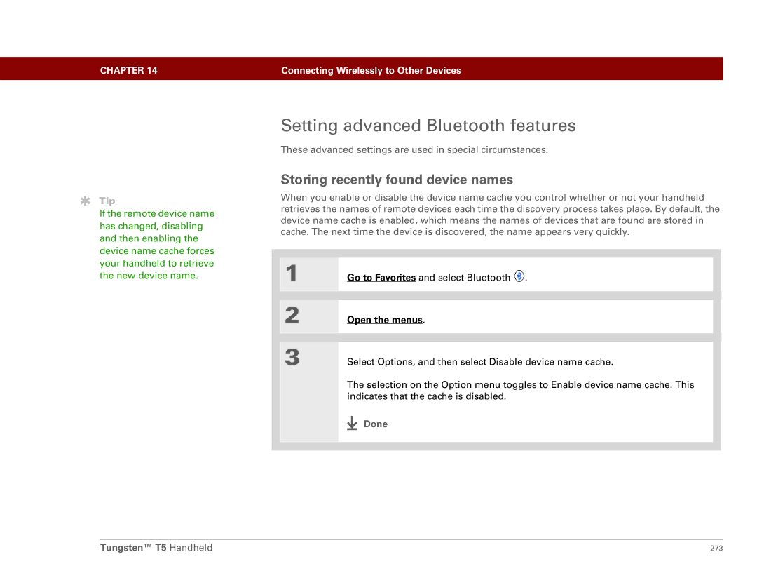 Palm Tungsten T5 manual Setting advanced Bluetooth features, Storing recently found device names 