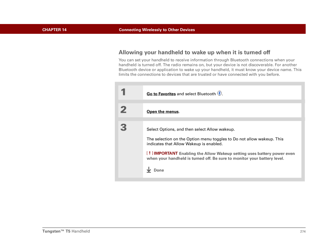 Palm Tungsten T5 manual Allowing your handheld to wake up when it is turned off 