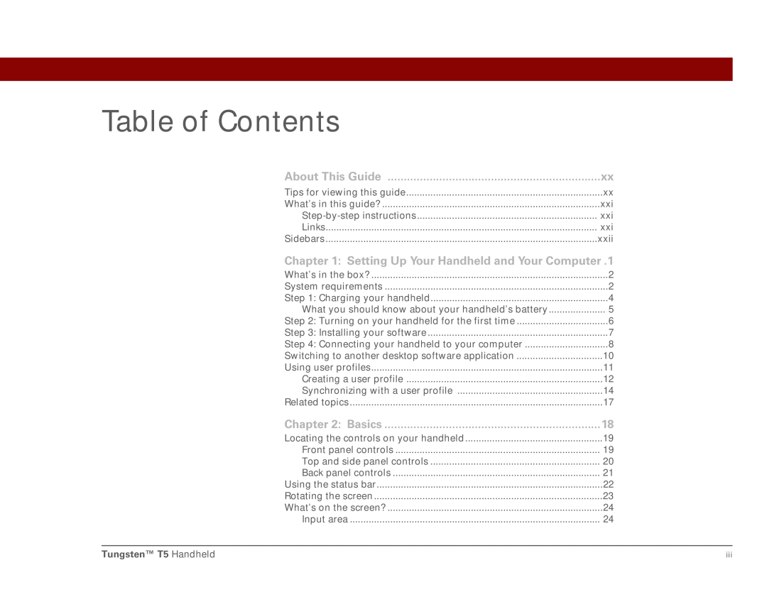 Palm Tungsten T5 manual Table of Contents 