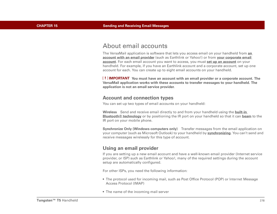 Palm Tungsten T5 manual About email accounts, Account and connection types, Using an email provider 