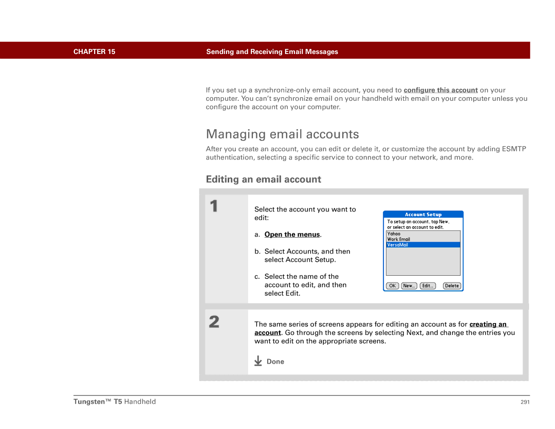 Palm Tungsten T5 manual Managing email accounts, Editing an email account 