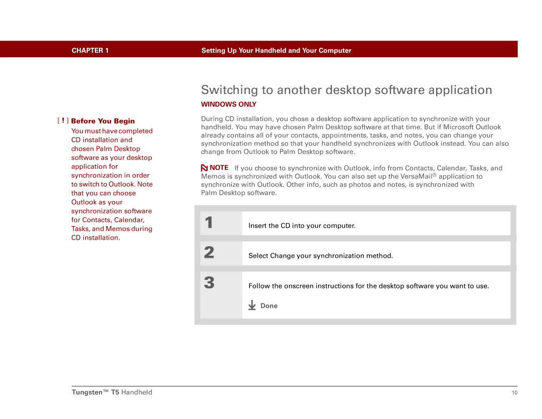 Palm Tungsten T5 manual Switching to another desktop software application 