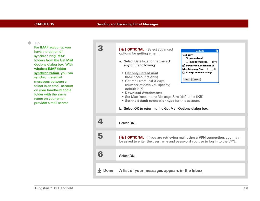 Palm Tungsten T5 manual Get only unread mail, Download Attachments, Set the default connection type for this account 