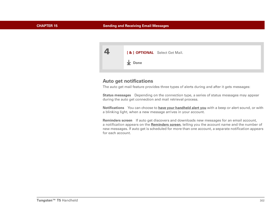 Palm Tungsten T5 manual Auto get notifications, Optional Select Get Mail Done 