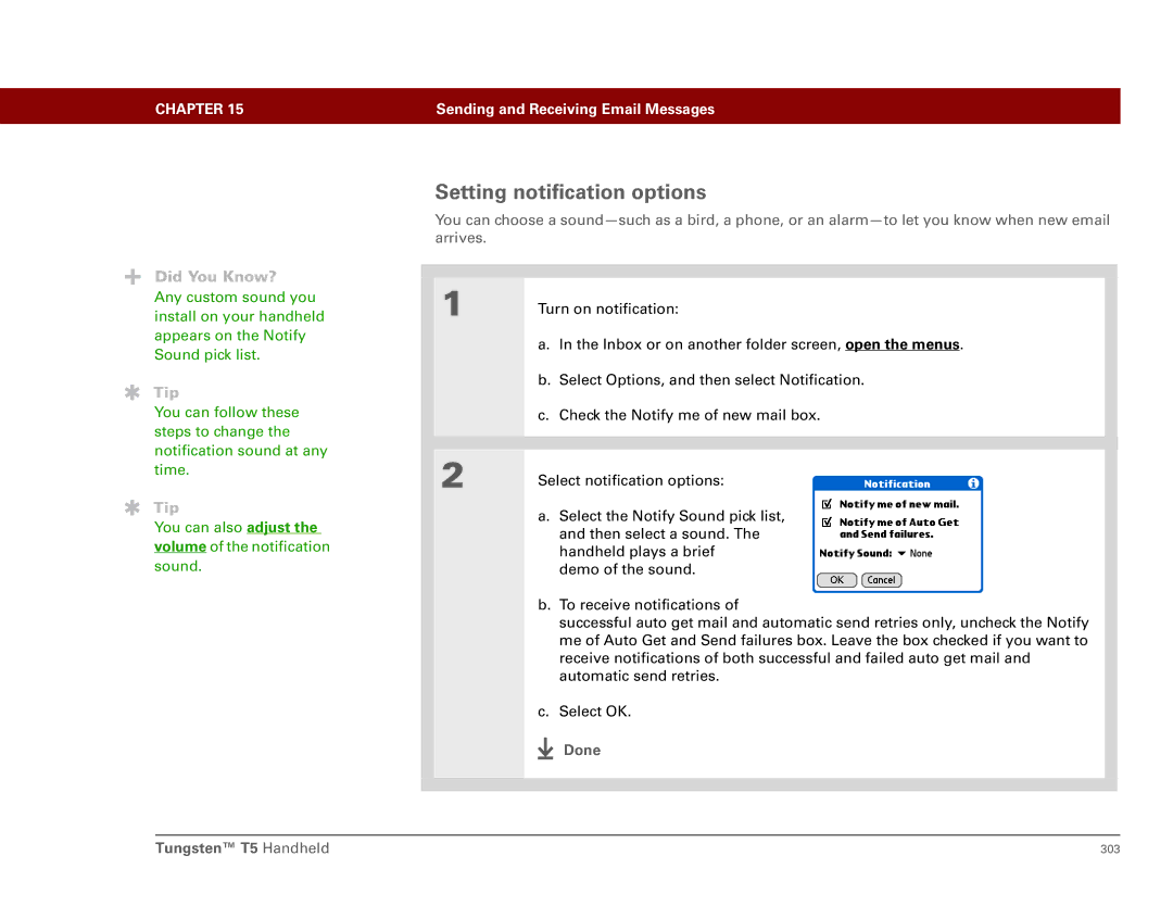 Palm manual Setting notification options, Done Tungsten T5 Handheld 
