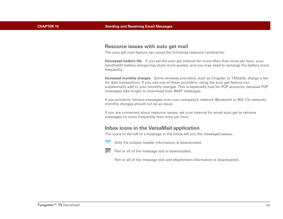 Palm Tungsten T5 manual Resource issues with auto get mail, Inbox icons in the VersaMail application 