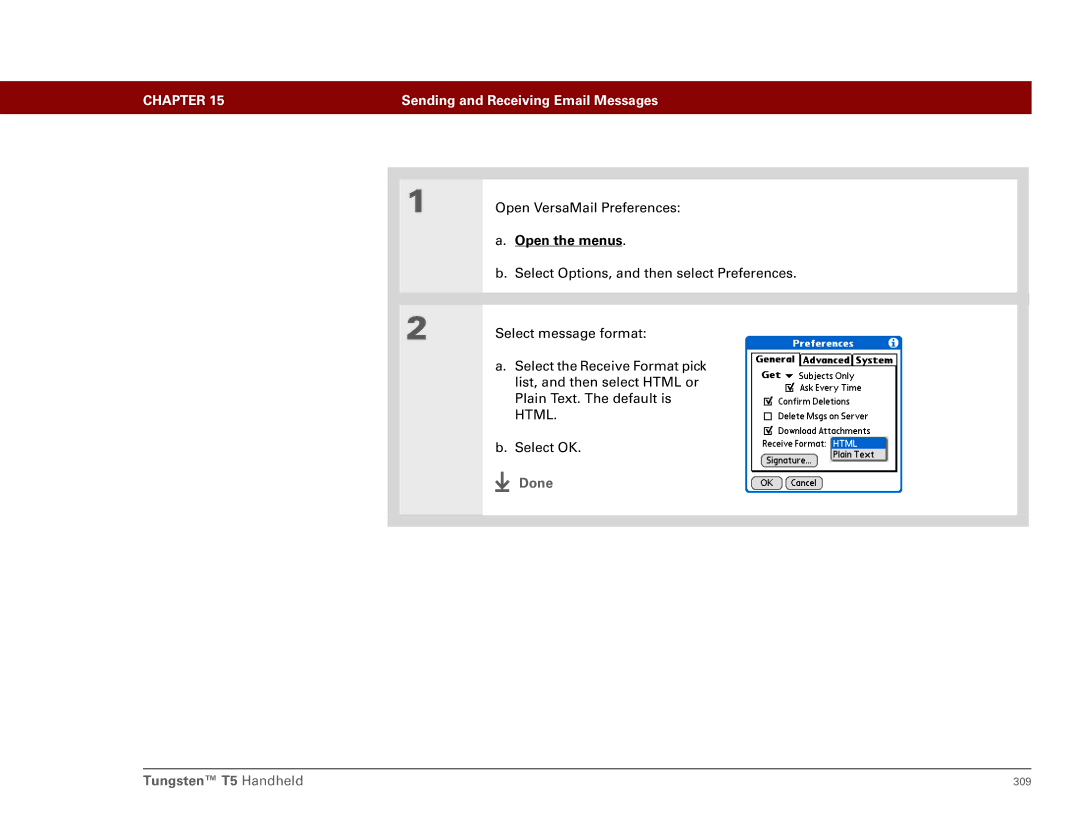 Palm Tungsten T5 manual Open VersaMail Preferences 